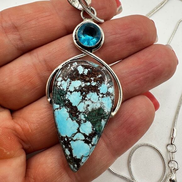 AMAZING Sterling Silver Turquoise and Swiss B. Topaz Pendant, 21" 925 necklace!! - Picture 5 of 11